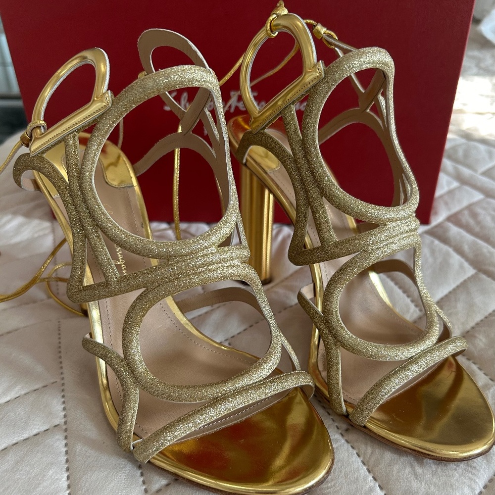 Salvatore Ferragamo Gold Glitter Strappy Sandal